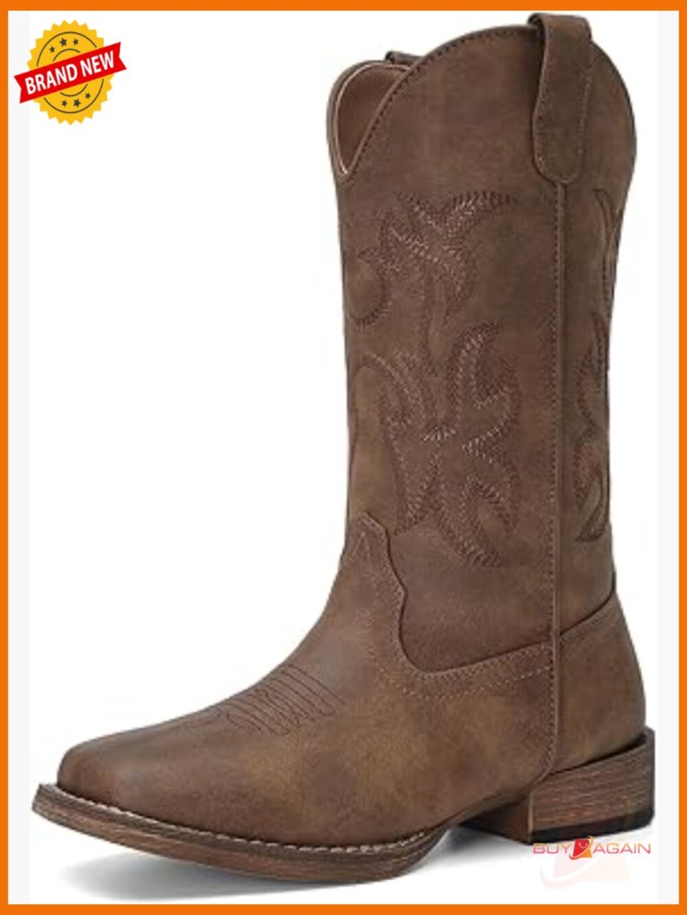 Women's Western Mid Calf Cowboy Boots Square Toe Embroidered Pull-On
